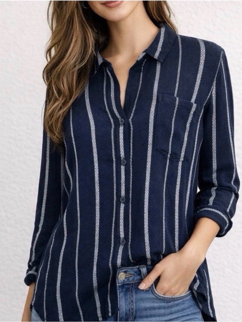 NWT Catherine Malandrino button down navy white blouse Size Large